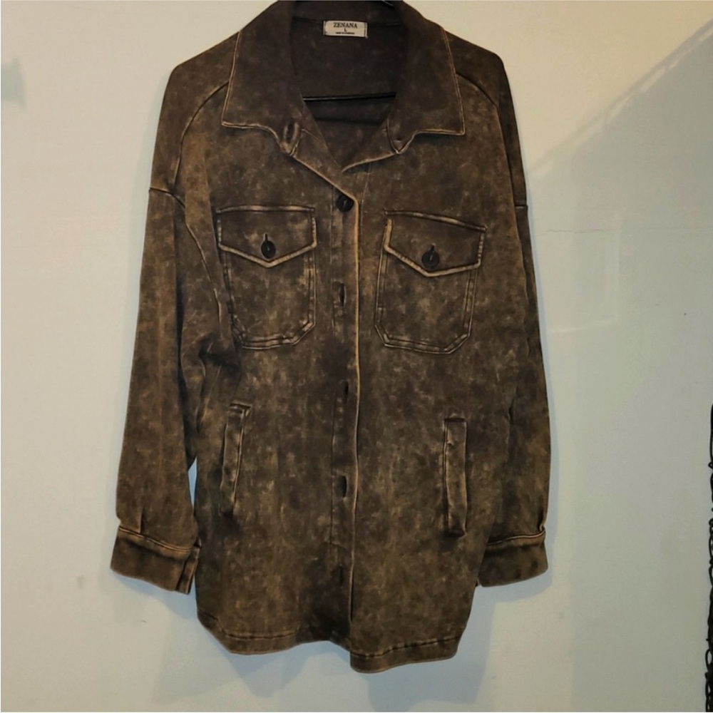 Zenana Womens Mineral Wash Shacket Sz Large